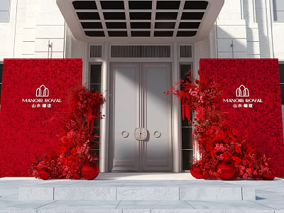 Royal Mansion Entrance Photo Spot With Red Backdrops And Floral Decorations 3d model