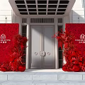 Royal Mansion Entrance Photo Spot With Red Backdrops And Floral Decorations