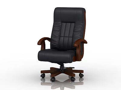 Comfortable High Back Black Leather Office Chair With Wooden Armrests And Wheeled Base 3d model