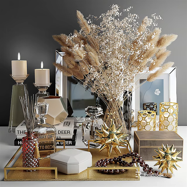 Elegant Modern Decorative Ornament Set With Dried Flowers Candles Aromatherapy And Geometric Metallic Pieces 3d model 