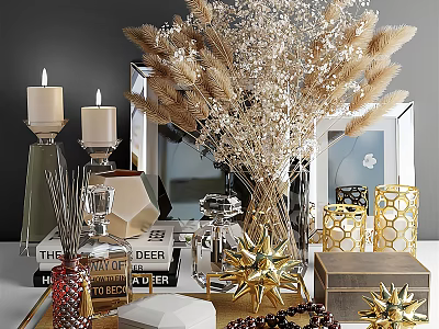 Elegant Modern Decorative Ornament Set With Dried Flowers Candles Aromatherapy And Geometric Metallic Pieces 3d model