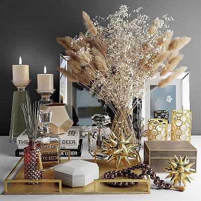 Elegant Modern Decorative Ornament Set With Dried Flowers Candles Aromatherapy And Geometric Metallic Pieces 3d model