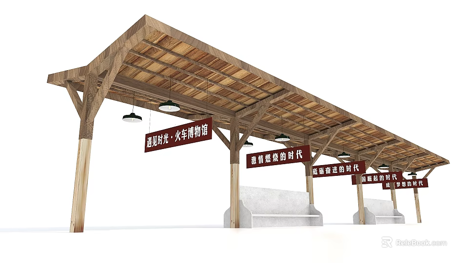 Wooden Shelter Structure With Red Signs White Benches And Wooden Roof 3d model 