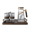 Elegant Glass Tea Set With Kettle Cups Wooden Tray And Metal Accents