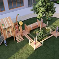 Outdoor Kids Play Area With Wooden Playhouse Slide Climbing Structure And Grass Lawn