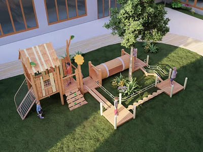 Outdoor Kids Play Area With Wooden Playhouse Slide Climbing Structure And Grass Lawn 3d model