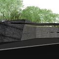 Modern Entrance Gate With Stone Wall And Black Roof Surrounded By Green Trees
