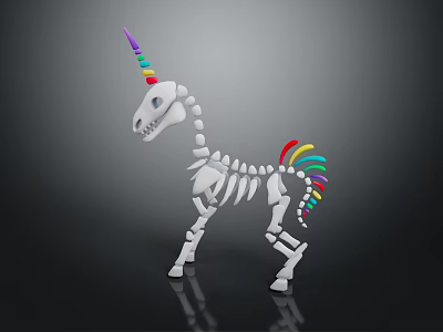 Detailed Unicorn Skeleton Model With Rainbow Horn And Colorful Tail On Dark Background 3d model