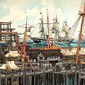 Scenic Garden Landscape with Stilt Houses Sailing Ships Crane and Fish Sculpture