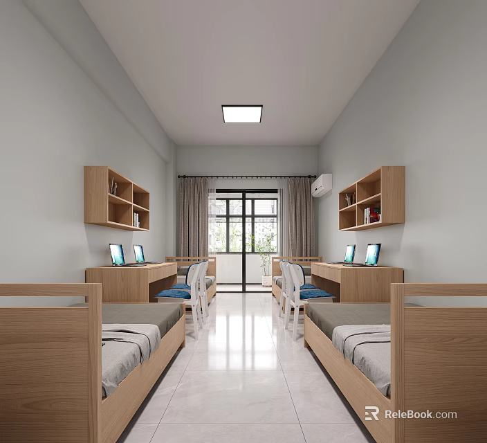 Neat Dormitory Room Interior With Wooden Beds Wall Bookshelves Laptops And Window Curtains 3d model