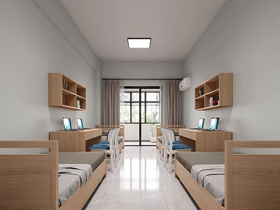 Neat Dormitory Room Interior With Wooden Beds Wall Bookshelves Laptops And Window Curtains 3d model