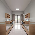 Neat Dormitory Room Interior With Wooden Beds Wall Bookshelves Laptops And Window Curtains