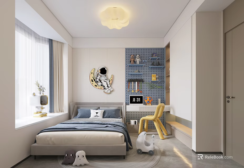 Cozy Kids Bedroom Interior Design With Bed Toys Chair Bookshelf And Window 3d model 