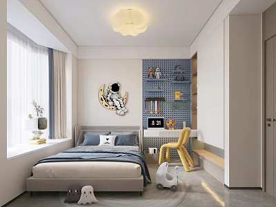 Cozy Kids Bedroom Interior Design With Bed Toys Chair Bookshelf And Window 3d model