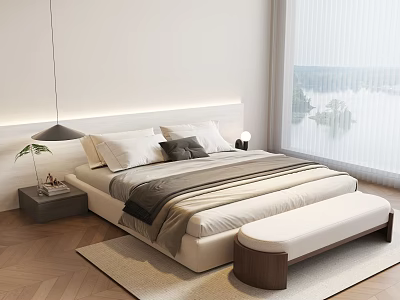 Minimalist Double Bed With White Headboard Gray Bedding Wooden Floor Bed Bench And White Curtains 3d model