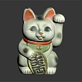 White Lucky Cat With Waving Paw Orange Ears Red Collar Green Decoration And Fortune Sign