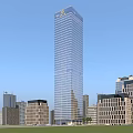 High Rise Hotel Building With Glass Curtain Wall And Urban Entrance Surrounded By Skyscrapers