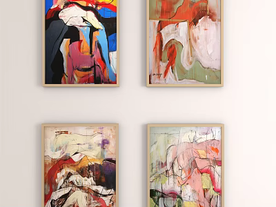 Four Vibrant Abstract Oil Paintings Framed as Colorful Wall Art 3d model