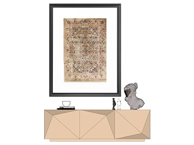 Framed Oriental Rug Display on Geometric Cabinet with Dog Statue and Decor 3d model