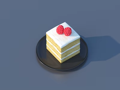 Delicious Layered Cake With White Cream And Fresh Raspberries On Black Plate 3d model