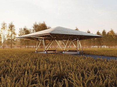 modern pavilion rice field bamboo pavilion rest gallery frame 3d model