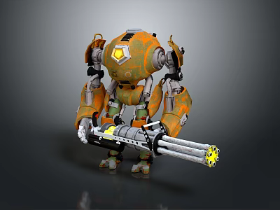 Orange Mechanical Robot Character Holding Multi Barrel Gun With Yellow Accents 3d model