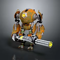 Orange Mechanical Robot Character Holding Multi Barrel Gun With Yellow Accents