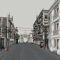 Retro Commercial Street Featuring Vintage Architecture Shop Signs and Old Cars on Cobblestone Road