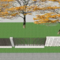 Modern Building Exterior Wall Design With Autumn Yellow Leaf Trees And Vertical Slats