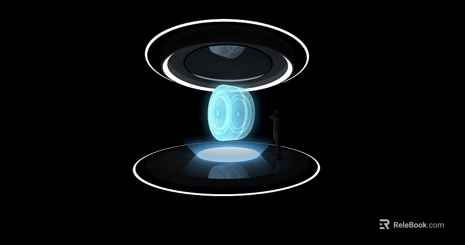 Floating Blue Transparent Tire With Illuminated Ring Structure And Platform Human Figure 3d model