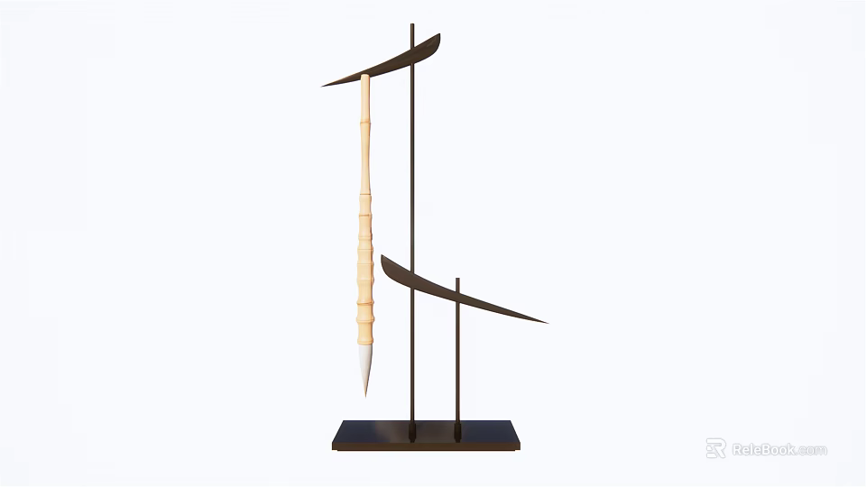 Modern Decorative Ornament Set Featuring Curved Blade Like Structures Vertical Wooden Rod On Black Base 3d model 