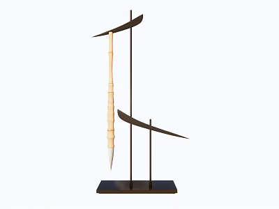 Modern Decorative Ornament Set Featuring Curved Blade Like Structures Vertical Wooden Rod On Black Base 3d model