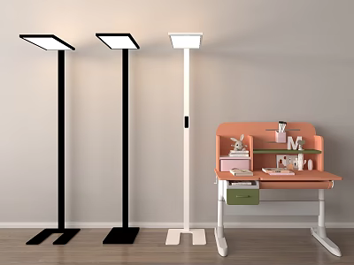 Orange Desk With White Frame Shelves Drawer And Green Compartment Near Black White Floor Lamps 3d model