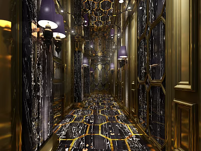 Elevator Hallway With Luxurious Golden Decor Marble Walls And Patterned Carpet 3d model