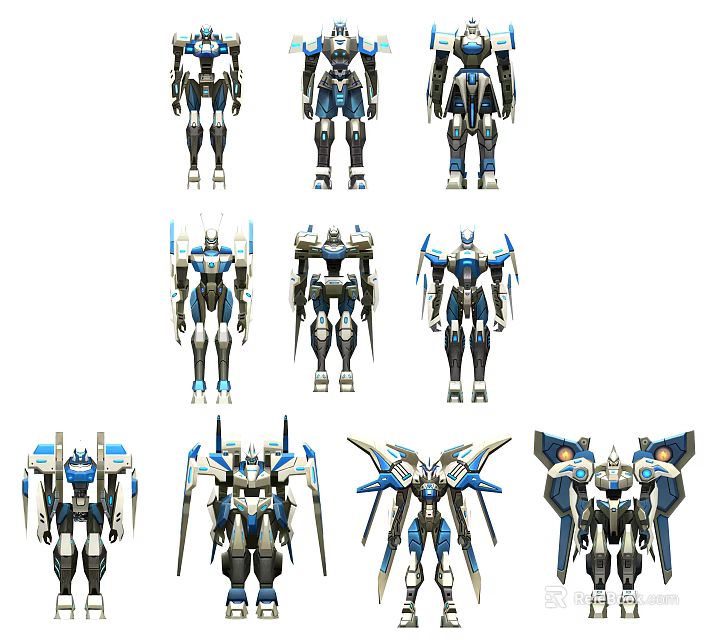 Blue And White Robot Mech Models With Various Designs And Armor Details 3d model