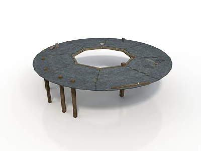 Circular Architectural Structure Featuring Central Opening and Textured Stone Surface with Supporting Legs 3d model