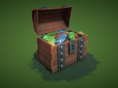 Open Vintage Wooden Chest Filled With Colorful Gems And Metal Lock 3d model