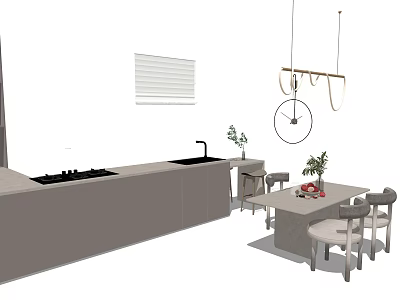 Modern Dining Table Set With Chairs Kitchen Island Pendant Lights And Plants 3d model