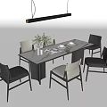 Modern Rectangular Dining Table And Chairs Set With Leather Seats And Floral Vase 3d model