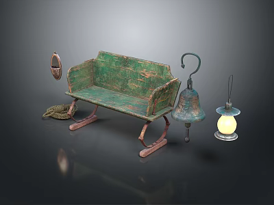 Green Rustic Single Chair With Wooden Frame Small Mirror Bell And Lantern 3d model