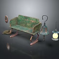 Green Rustic Single Chair With Wooden Frame Small Mirror Bell And Lantern