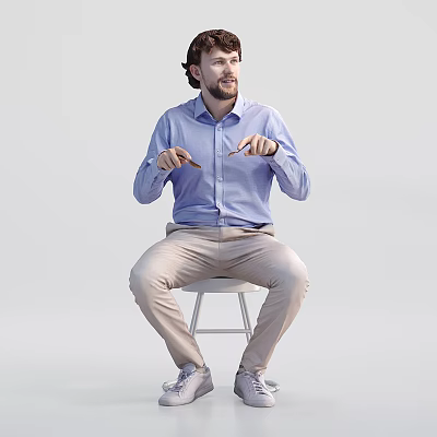 Man Sitting In Blue Shirt And Khaki Pants With White Shoes Gesturing On Light Background 3d model