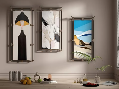 Stylish Abstract Paintings Hanging on Wall in Modern Interior With Decorative Plant Fruits and Books 3d model