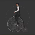 Vintage High Wheel Bicycle With Gentleman In Formal Attire On Dark Background