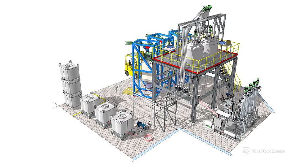 Industrial Equipment Setup With Large Metal Tanks Blue Frame Yellow Railings And Mechanical Parts 3d model 