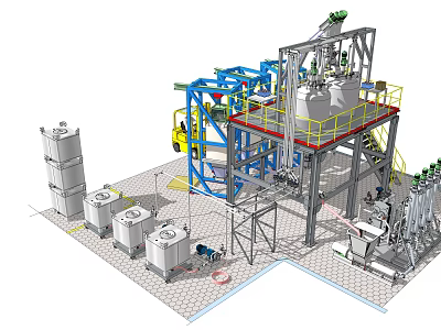 Industrial Equipment Setup With Large Metal Tanks Blue Frame Yellow Railings And Mechanical Parts 3d model