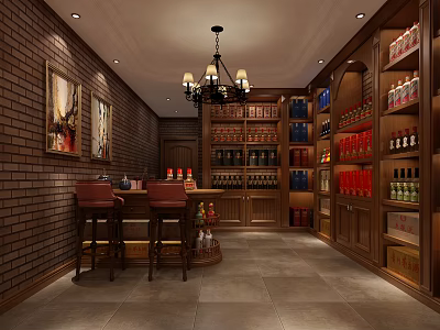 Elegant Wine Cellar With Brick Wall Chandelier Bar Stools Wooden Cabinets And Wine Racks 3d model