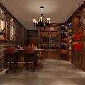 Elegant Wine Cellar With Brick Wall Chandelier Bar Stools Wooden Cabinets And Wine Racks