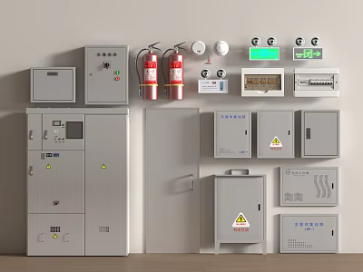 Industrial Control And Safety Equipment With Control Panels Fire Extinguishers Alarms Meters And Distribution Boxes 3d model