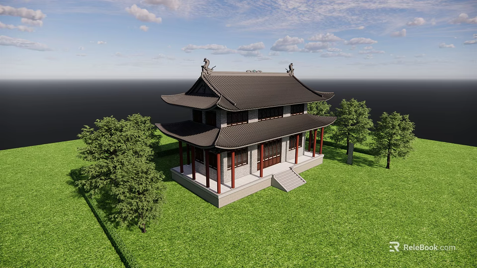 Ancient Chinese Architecture With Curved Eaves Black Tiled Roof Red Pillars Green Grass And Trees 3d model 